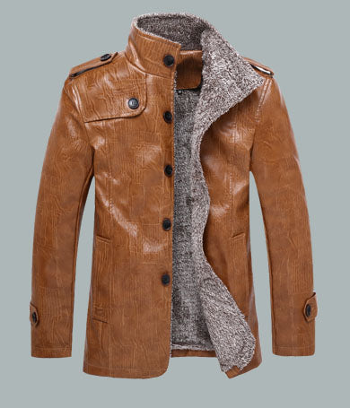 Men Leather Jacket Brown Turndown Collar Long Sleeve Winter Coat Slim Fit Casual Jacket