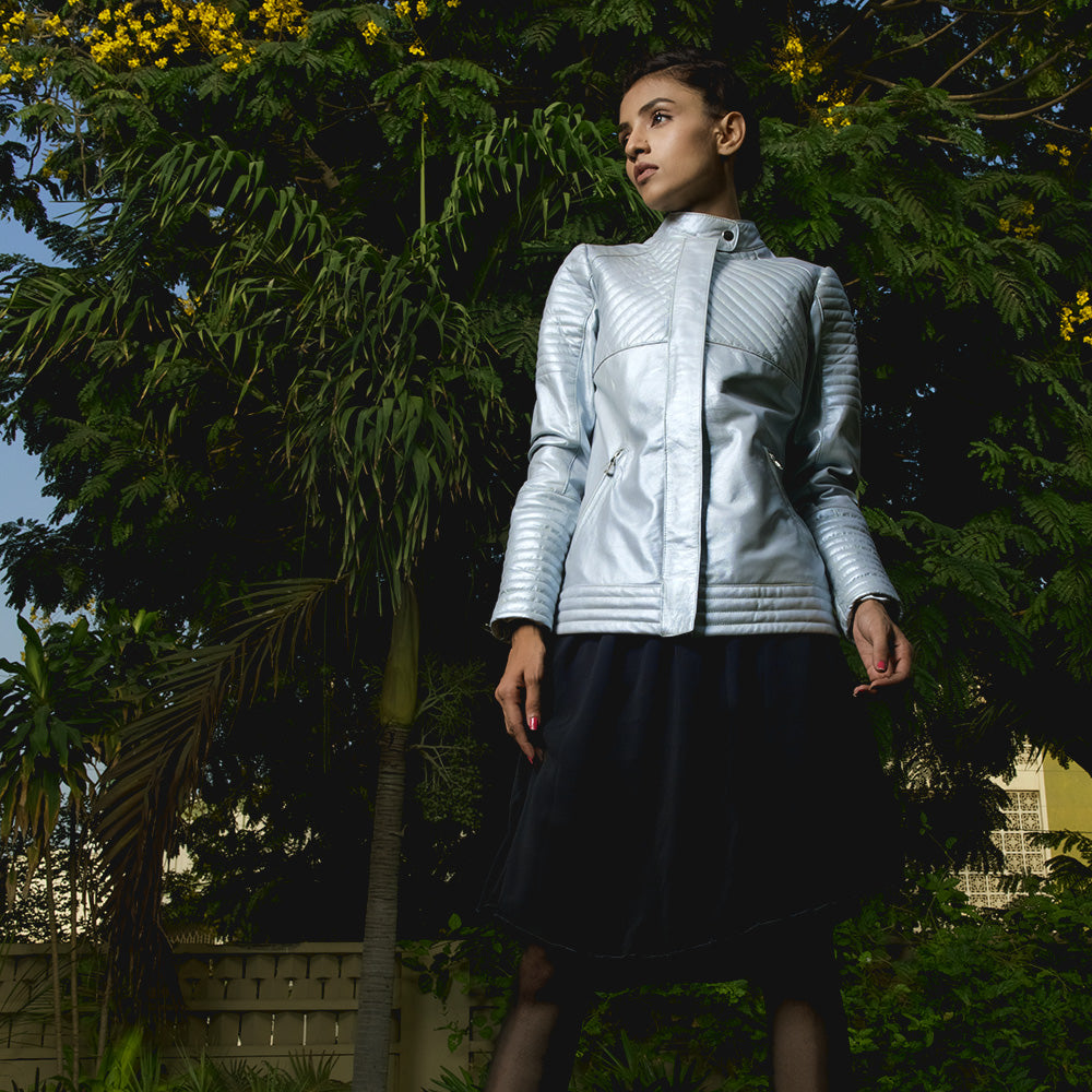Ice Maiden Silver Quilted Leather Biker Jacket