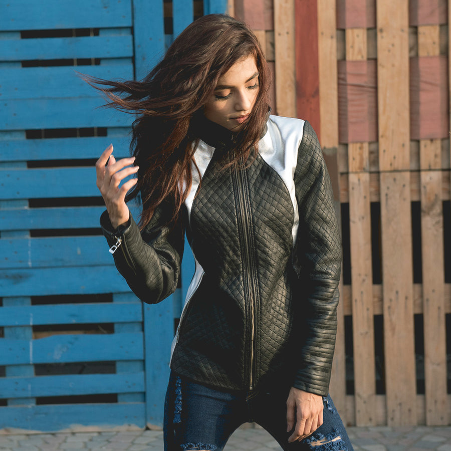 Alia Metallic Black Leather Biker Jacket