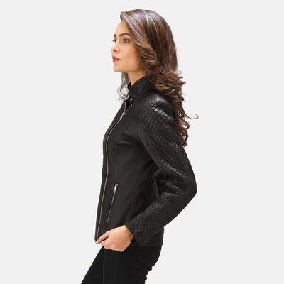 Orient Grain Quilted Black Leather Biker Jacket