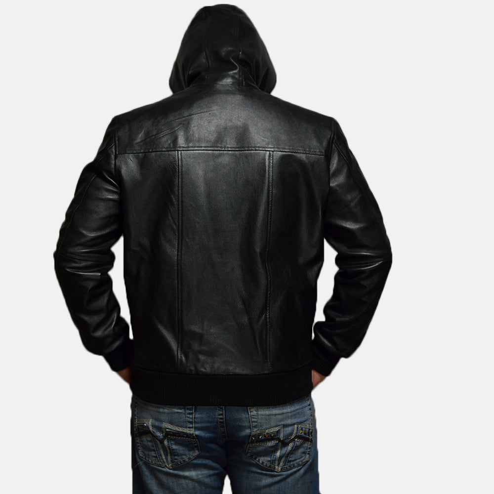 Nintenzo Black Hooded Leather Jacket