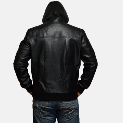 Nintenzo Black Hooded Leather Jacket