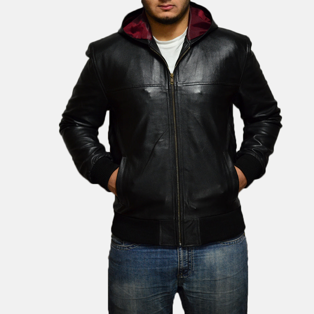 Nintenzo Black Hooded Leather Jacket