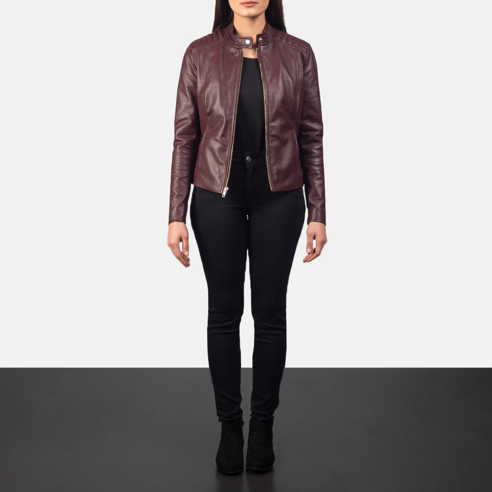 Kelsee Maroon Leather Biker Jacket