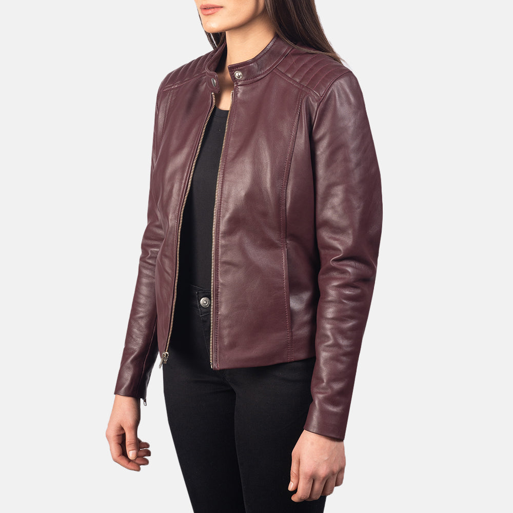 Kelsee Maroon Leather Biker Jacket