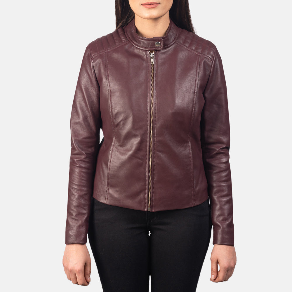 Kelsee Maroon Leather Biker Jacket