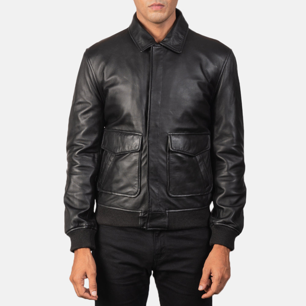 Coffmen Black Leather Bomber Jacket