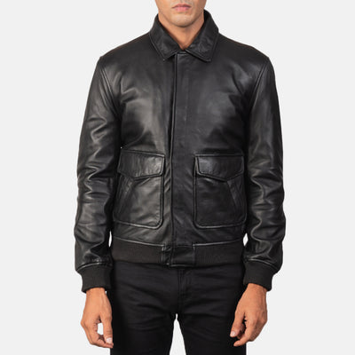 Coffmen Black Leather Bomber Jacket