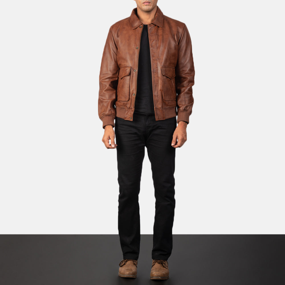 Coffmen Brown Leather Bomber Jacket