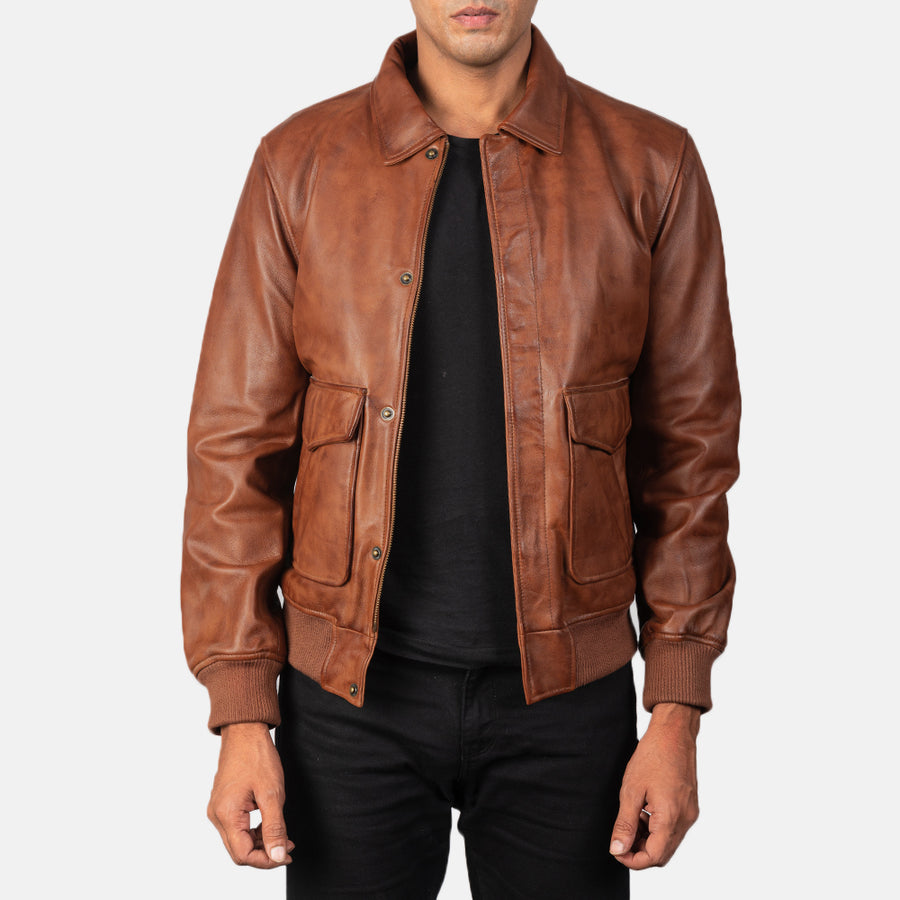 Coffmen Brown Leather Bomber Jacket