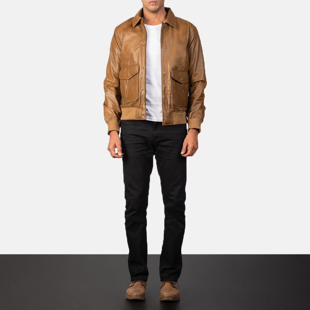 Coffmen Olive Brown Leather Bomber Jacket