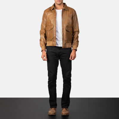 Coffmen Olive Brown Leather Bomber Jacket