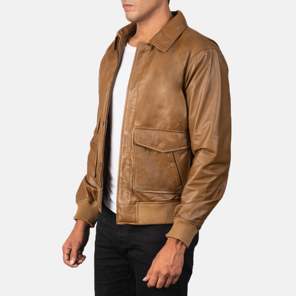 Coffmen Olive Brown Leather Bomber Jacket