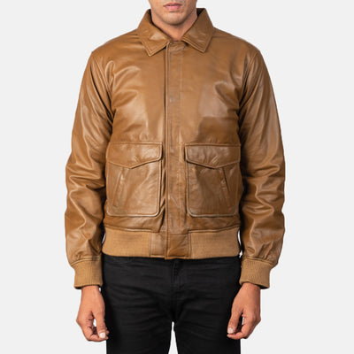 Coffmen Olive Brown Leather Bomber Jacket