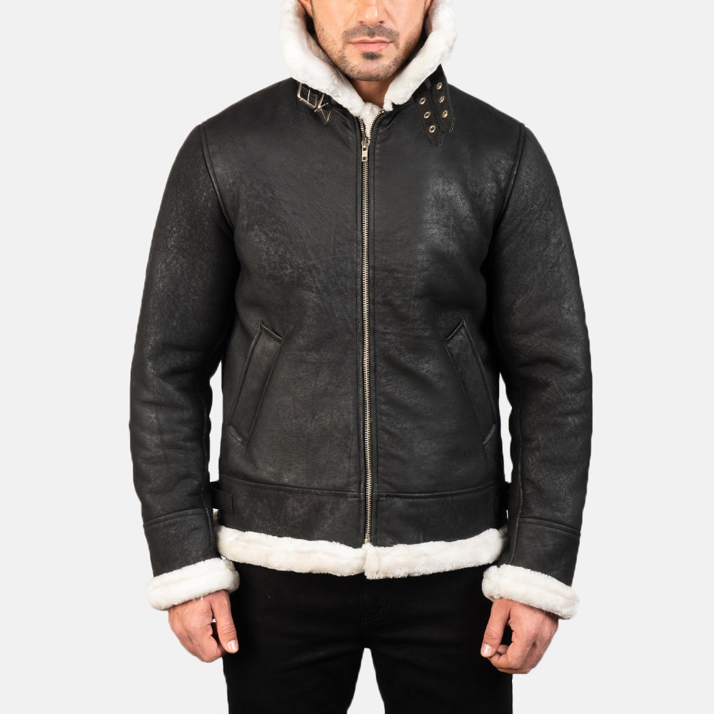 Francis B-3 Distressed Black Leather Bomber Jacket