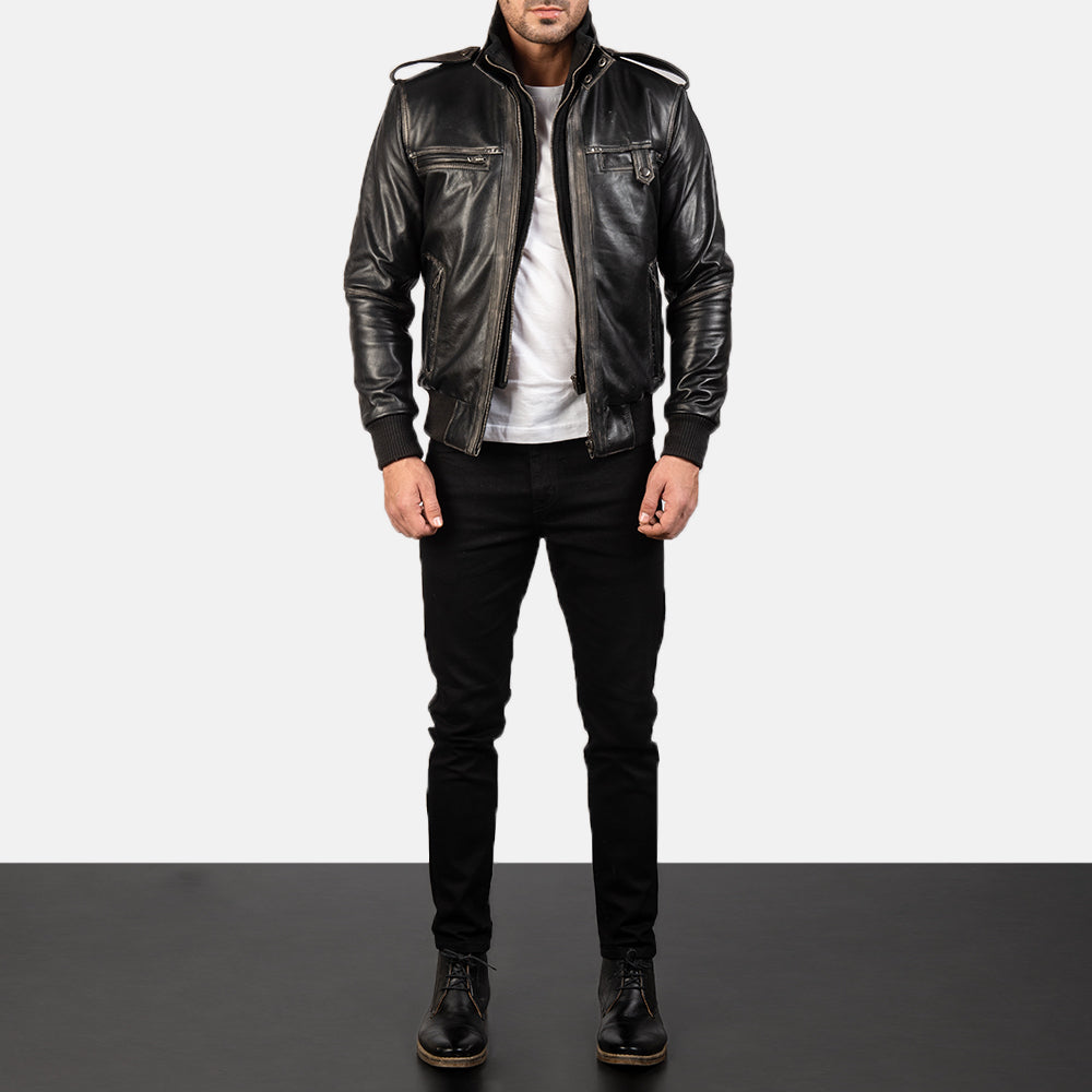 Glen Street Black Leather Bomber Jacket