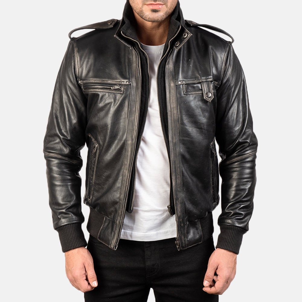 Glen Street Black Leather Bomber Jacket