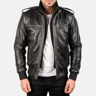 Glen Street Black Leather Bomber Jacket