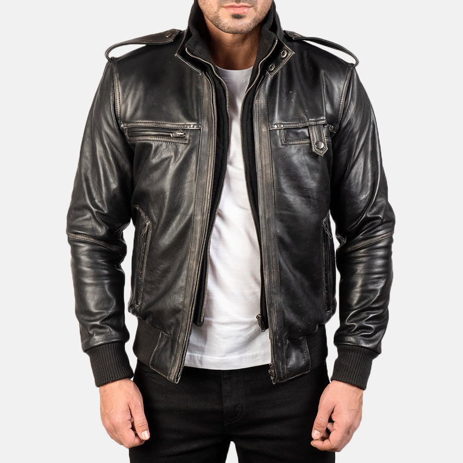 Glen Street Black Leather Bomber Jacket