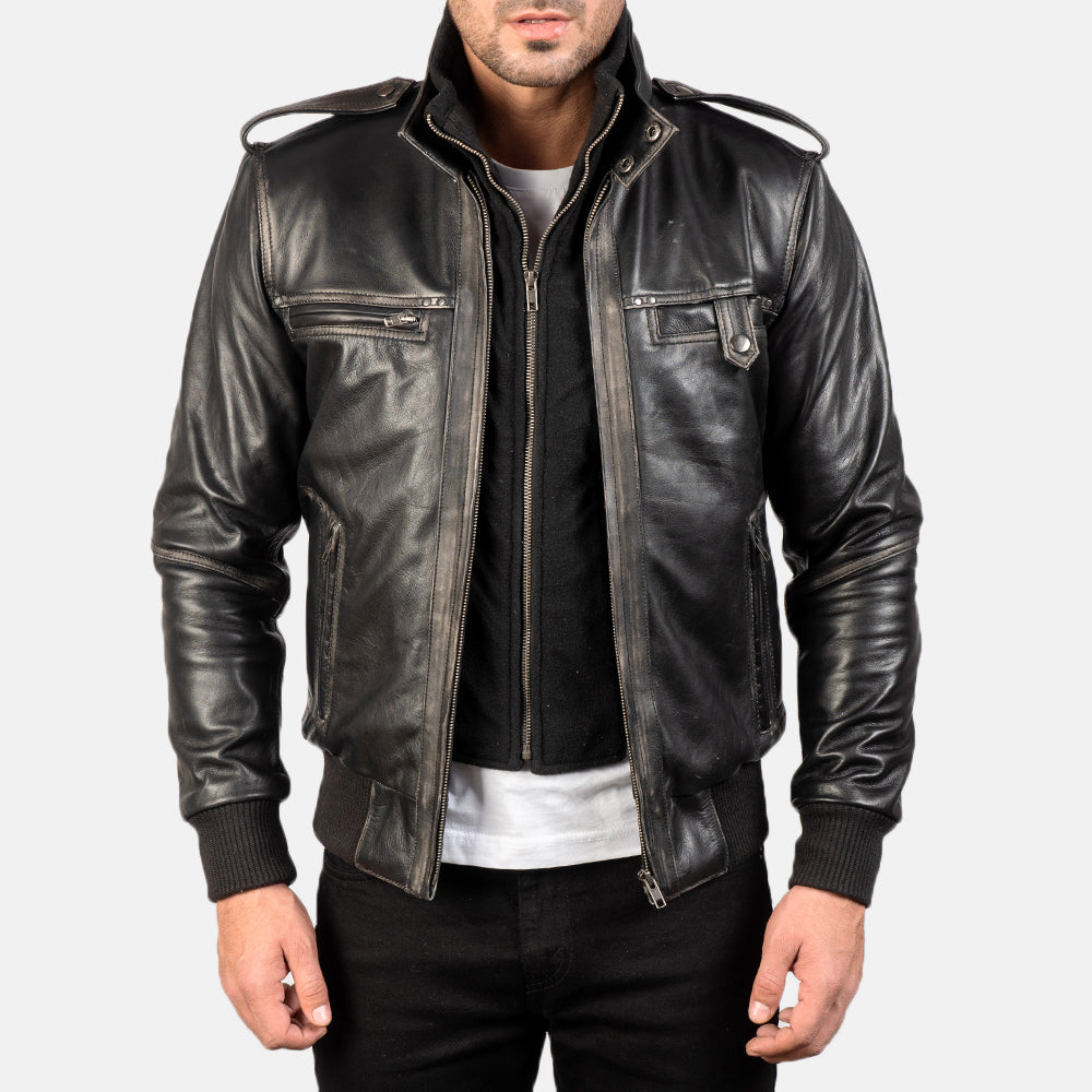 Glen Street Black Leather Bomber Jacket