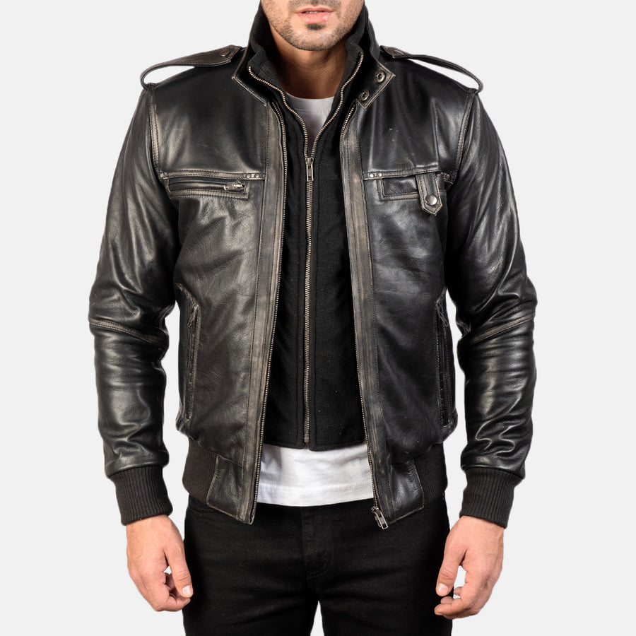 Glen Street Black Leather Bomber Jacket