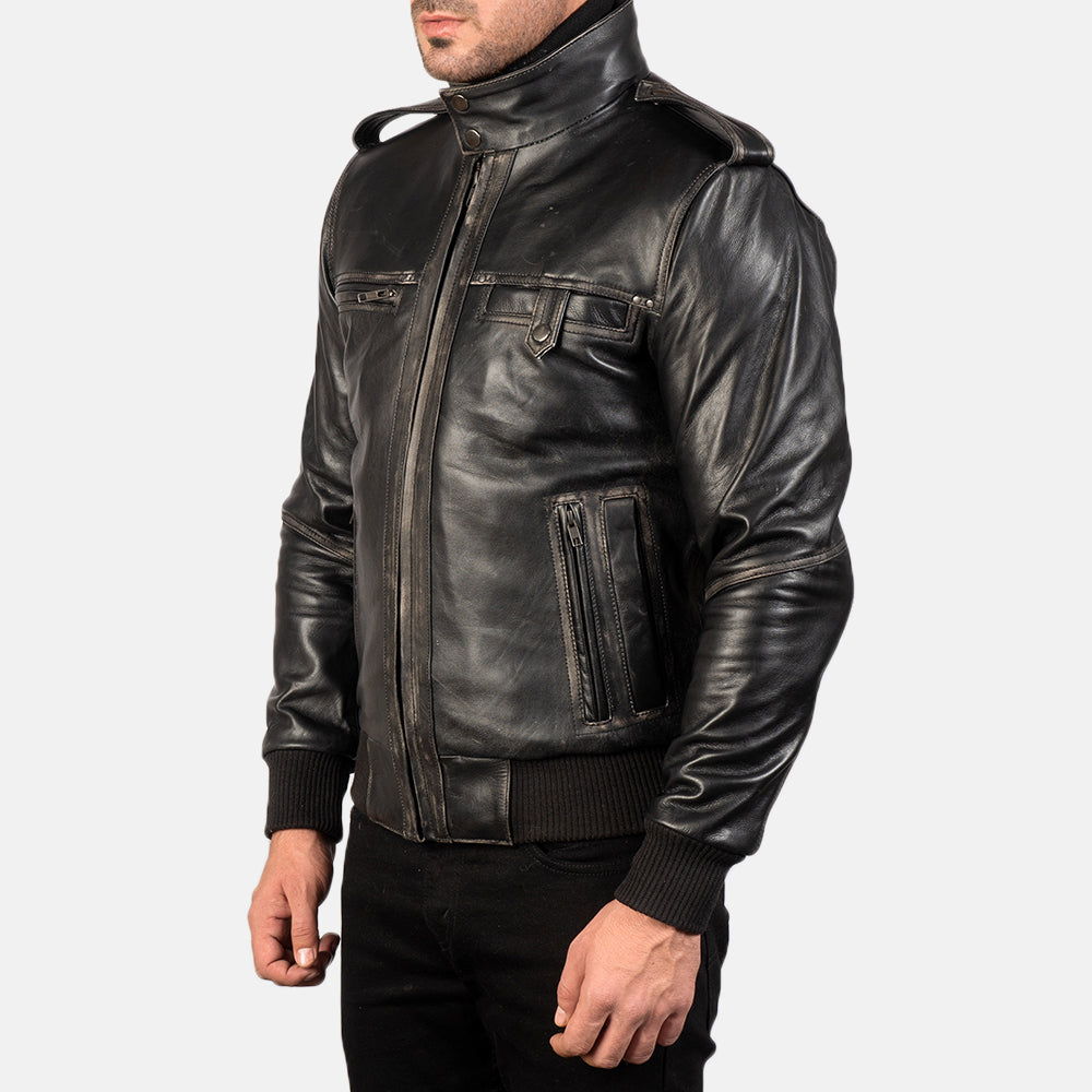 Glen Street Black Leather Bomber Jacket