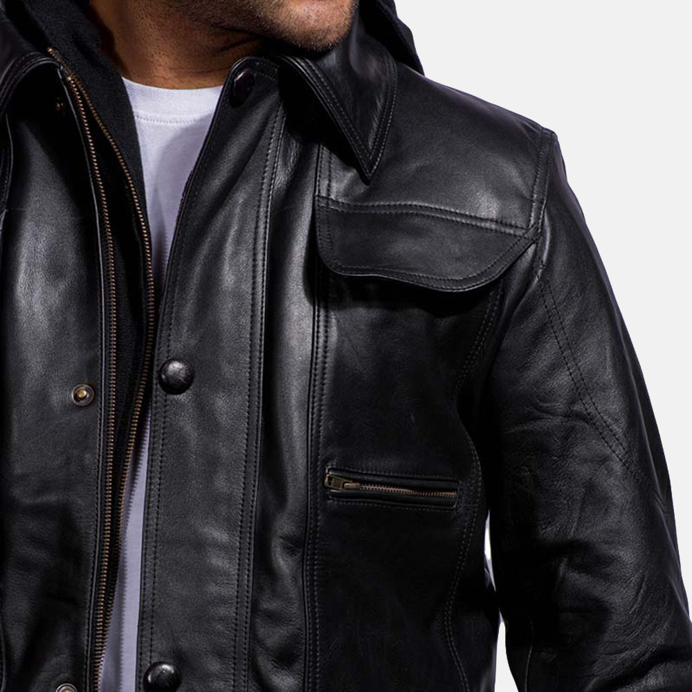 Moulder Hooded Black Leather Jacket