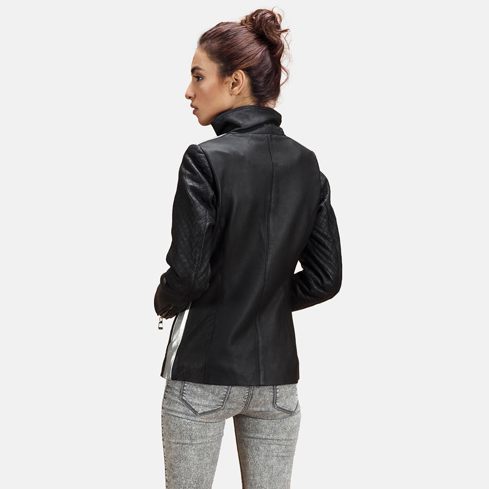 Alia Metallic Black Leather Biker Jacket