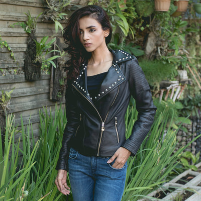 Sally Mae Studded Black Leather Biker Jacket