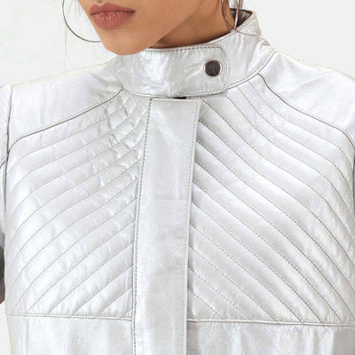 Ice Maiden Silver Quilted Leather Biker Jacket