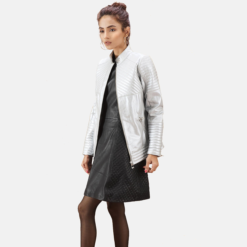 Ice Maiden Silver Quilted Leather Biker Jacket