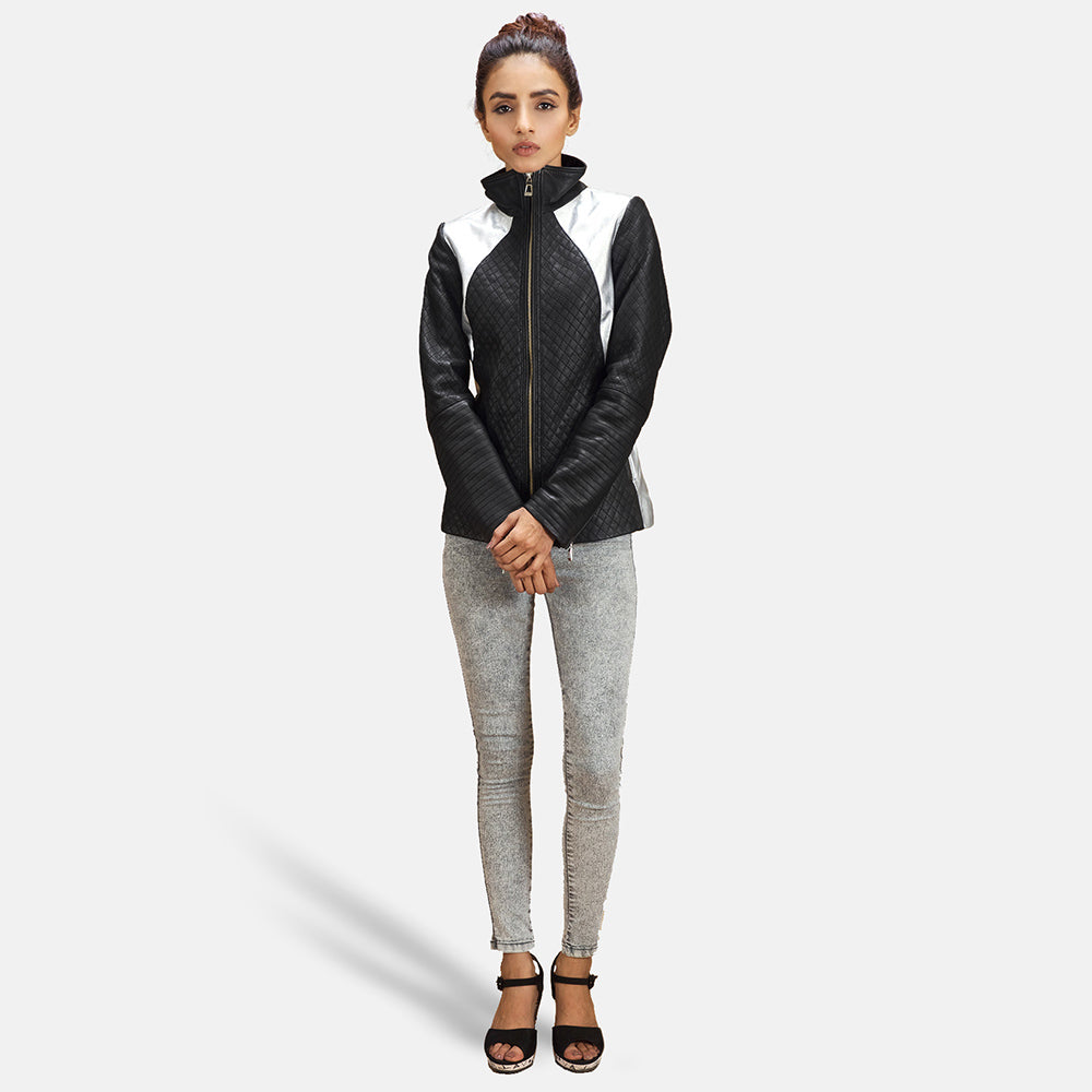 Alia Metallic Black Leather Biker Jacket