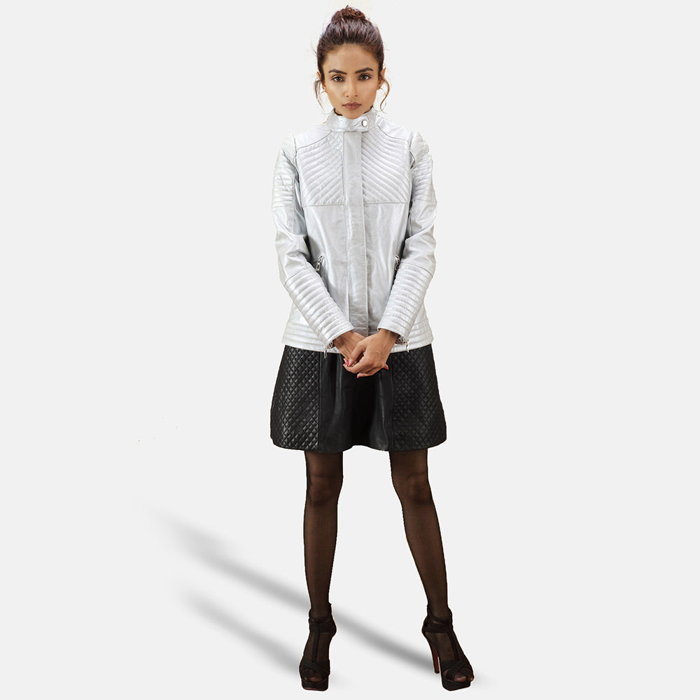 Ice Maiden Silver Quilted Leather Biker Jacket