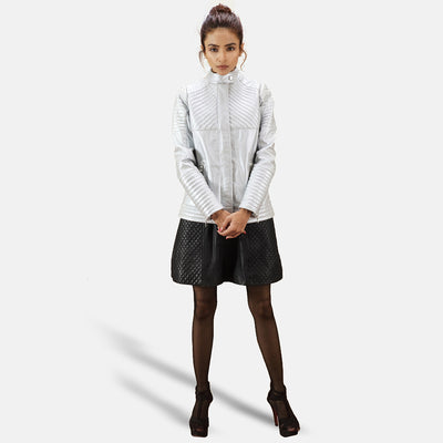 Ice Maiden Silver Quilted Leather Biker Jacket