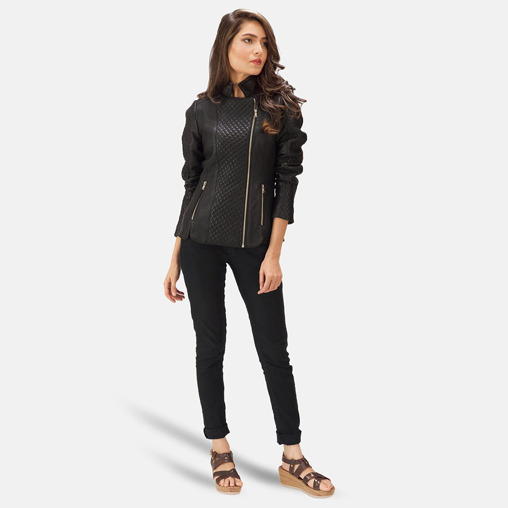 Orient Grain Quilted Black Leather Biker Jacket