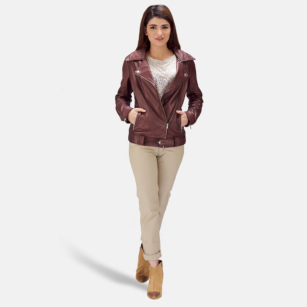 Rumy Maroon Leather Biker Jacket